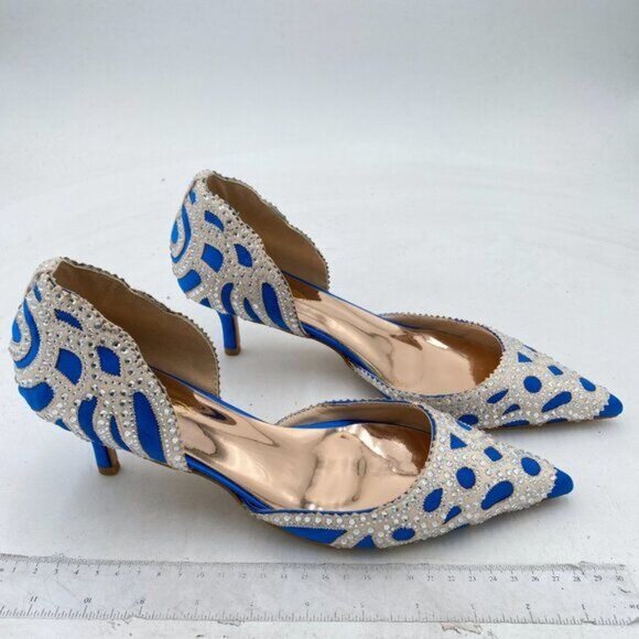XYD Royal Blue Elegant Pointed Toe D'Orsay Kitten Heel Rhinestone Studs Pump - Picture 4 of 8